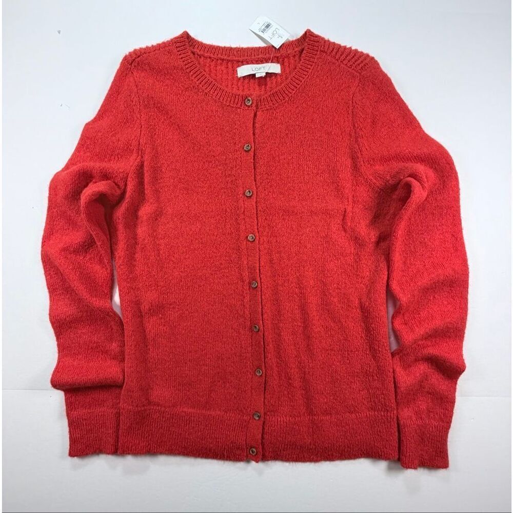 NWT LOFT Mohair Blend Cardigan Sweater Coral Red Button Front Size Large